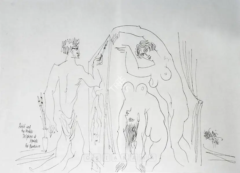 Sadequain (Artist). Artist And The Models: Delphine Et Hipolyte, 1986 | Drawing