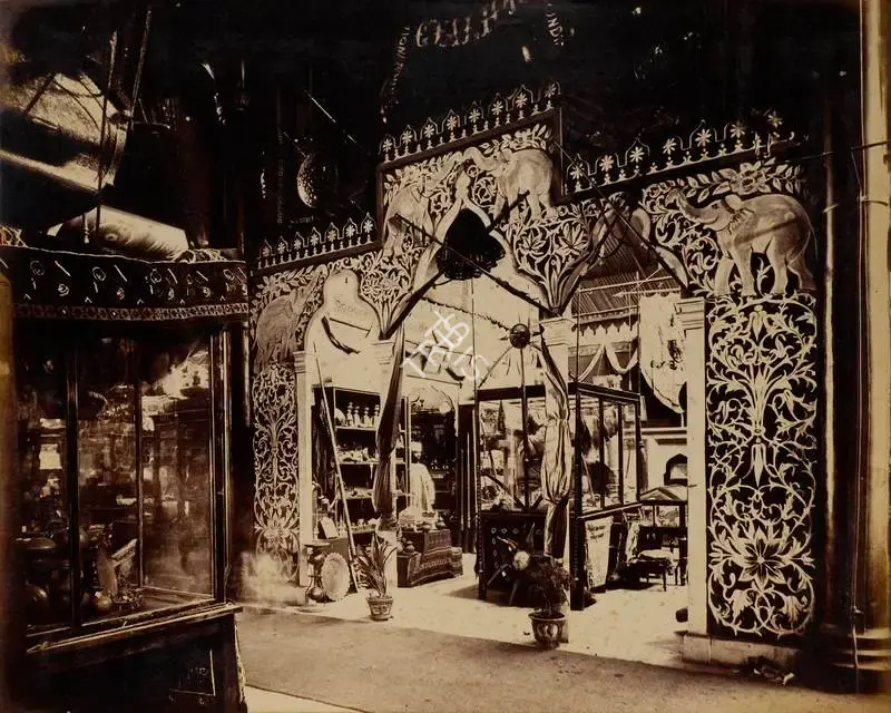 Narayan, Shew Shankar (Photographer). Exterior of the Central India Court - From the album 'Calcutta International 1883-84 Exhibition Views'. Albumen print pasted on mount, 1883-1884 | Antiquarian Photograph | Photography | 00115295