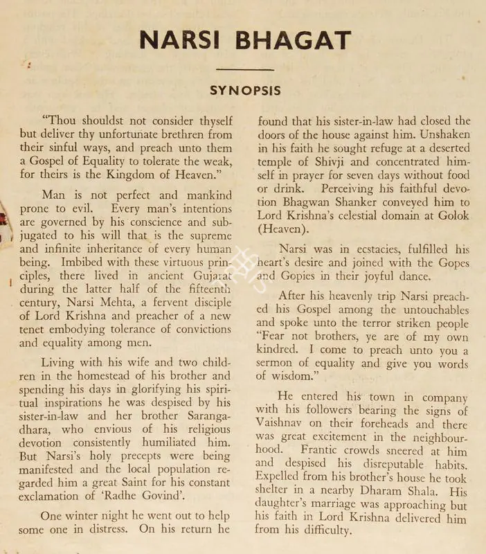 Bhatt, Vijay (Director), Narsi Bhagat, 1940 | Song-Synopsis Booklet | CinemaEducation | 00779247