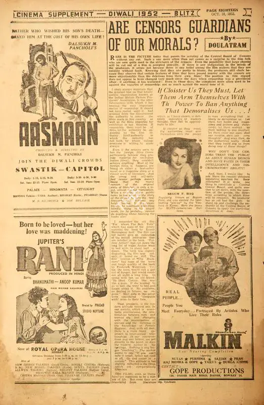 Are Censors Guardians of Our Morals?. In Blitz - Asia's Foremost News Magazine. p. 18. Bombay: R.K. Karanjia, 18 October 1952 | Film Review | CinemaEducation | 00144191