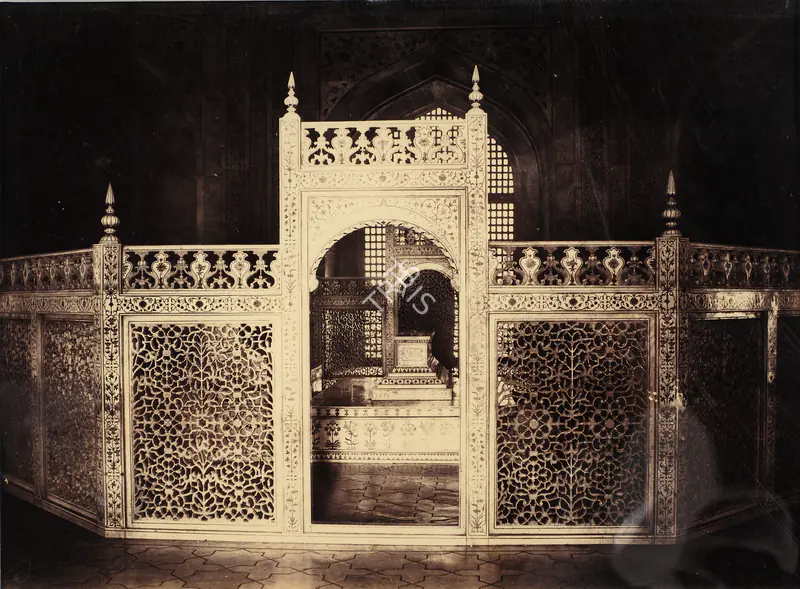 Dayal, Lala Deen (Photographer). Marble enclosure with cenotaph of Mumtaz Mahal and Shah Jahan within the Taj Mahal, Agra. Albumen print pasted on mount, c.1880 | Antiquarian Photograph | Photography | 00116338