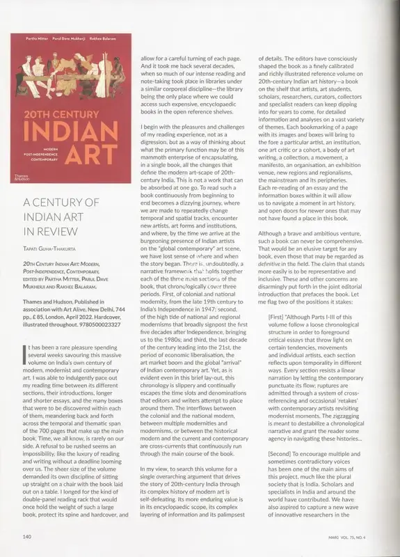 Thakurta, Tapati Guha (Essayist). A Century of Indian Art in Review. In Marg - Tents- Cities on the Move. 75(4), pp. 140-143. Mumbai: Jyotsna Nambiar, March - June 2024 | Essay | FineArts | 00669119