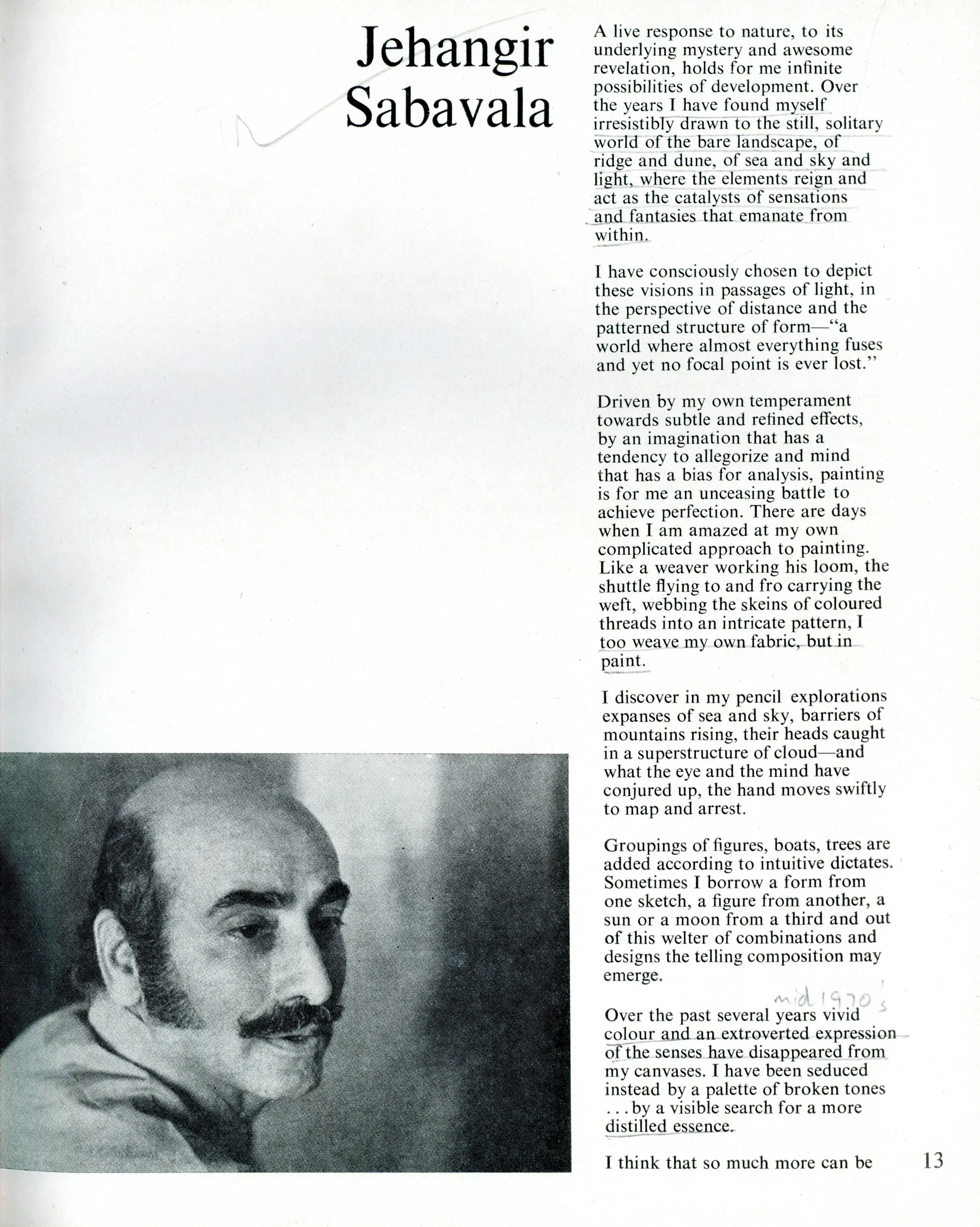 Sabavala, Jehangir (Essayist). Jehangir Sabavala. In Art Heritage - Catalogue 1979-80. Season 3, pp. 13-14. New Delhi: Art Heritage, 1980 | Essay | FineArts | 00851658
