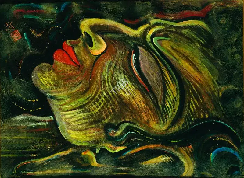 Khastgir, Sudhir (Artist). Buddha's Head. Mixed media on paper, late 1940s | Painting | FineArts | 00897251