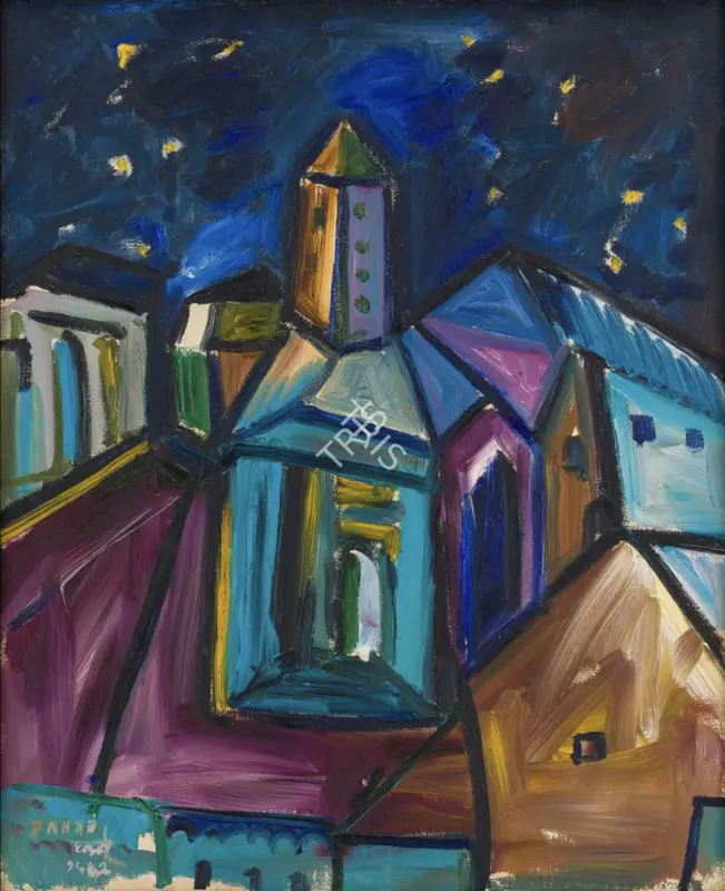 Bakre, S.K. (Artist). Untitled (Purple Townscape with Starry Sky). Oil on canvas, 1962 | Painting | EconomicsArt | 00870008