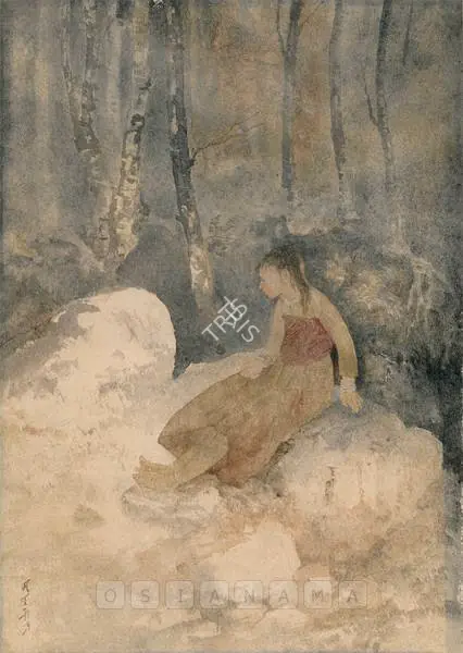 Tagore, Abanindranath (Artist). Girl Seated On Rocks. Watercolour and wash on paper (pasted on card), early 1910s | Painting | FineArts | 00755770