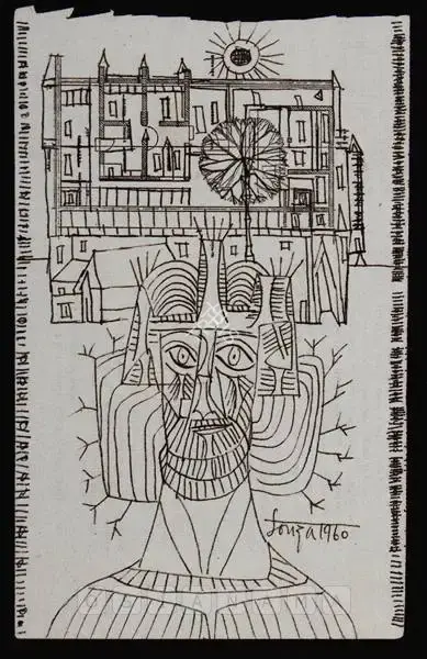 Souza, F.N. (Artist). Figure In Front Of Buildings, 1960 | Drawing