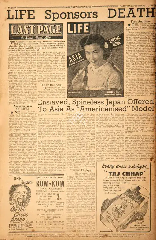 Abbas, Khwaja Ahmad (Columnist). Life Sponsors Death. In Blitz - Asia's Foremost News Magazine. p. 20. Bombay: R.K. Karanjia, 23 February 1952 | Essay | CinemaEducation | 00464539
