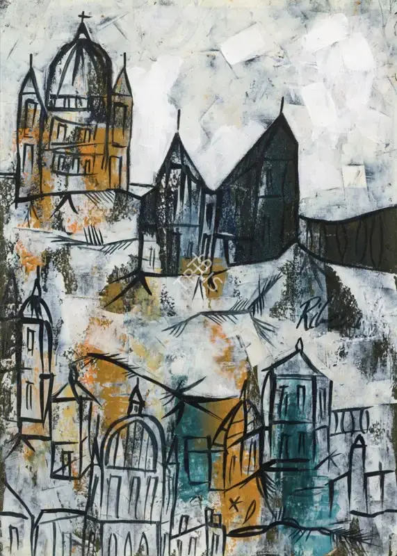 Ribeiro, Lance (Artist). Untitled (Landscape with Dome). Oil on paper pasted on board, 1961 | Painting | EconomicsArt | 00870614