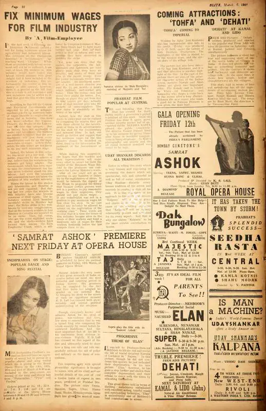 Fix Minimum Wages for Film Industry. In Blitz - Asia's Foremost News Magazine. p. 22. Bombay: D.V. Nadkarni, 06 March 1948 | Film Review | CinemaEducation | 00143630