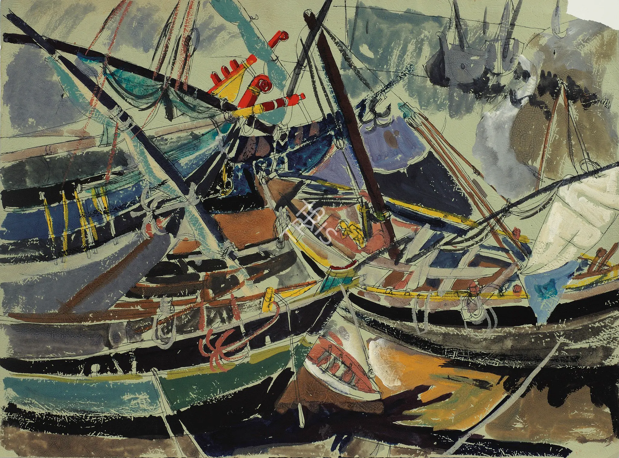 Bhatt, Jyoti (Artist). Boats. Mixed media on paper pasted on paper, c.1955 | Painting | FineArts | 00897339