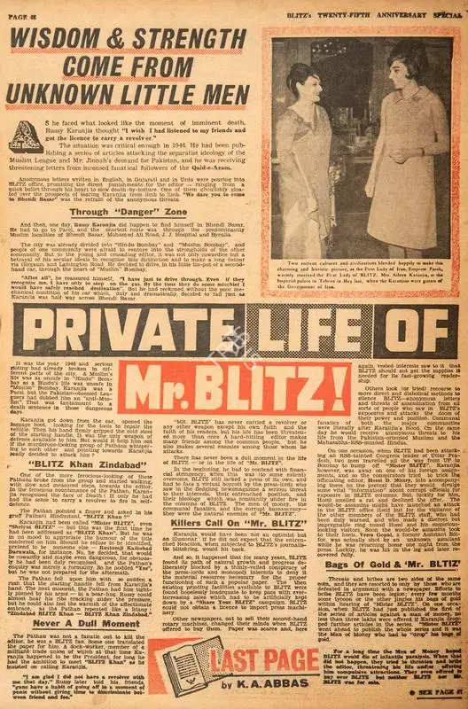 Abbas, Khwaja Ahmad (Columnist). Private Life of Mr. Blitz !. In Blitz - India's Greatest Weekly. p. 48. Bombay: R.K. Karanjia, 17 September 1966 | Essay | CinemaEducation | 00464922
