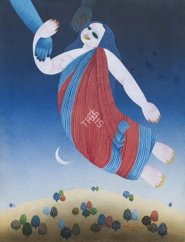 Dasgupta, Dharmanarayan (Artist). The Flight. Acrylic on cloth pasted on paper, 1987 | Painting | EconomicsArt | 00870517