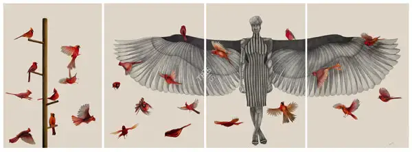 Chaturvedi, P.N. (Artist). The Anthropoid Girl with Cardinals. Pencil and coloured pencil on archival paper, 2015 | Drawing | FineArts | 00641660