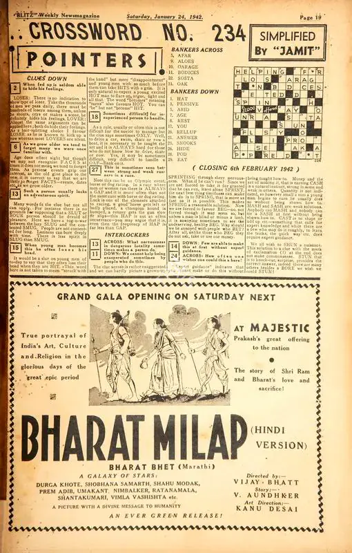 Bharat Milap . In Blitz - Weekly News Magazine. p. 19. Bombay: R.K. Karanjia, 24 January 1942 | Film Review | CinemaEducation | 00142408