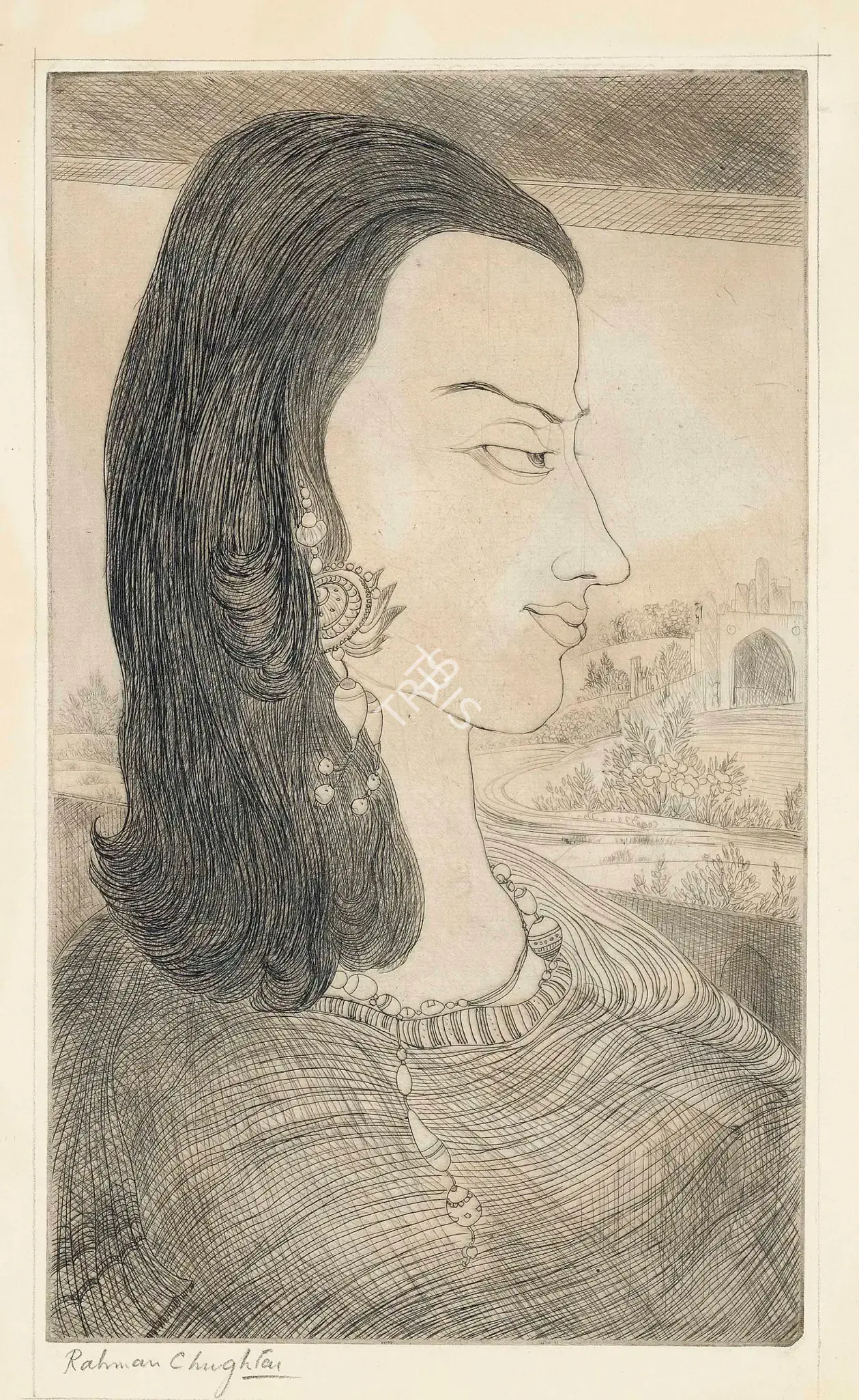 Chughtai, M.A.R. (Artist). Untitled (Woman). Etching on paper, n.d. | Graphic Art | FineArts | 00645154