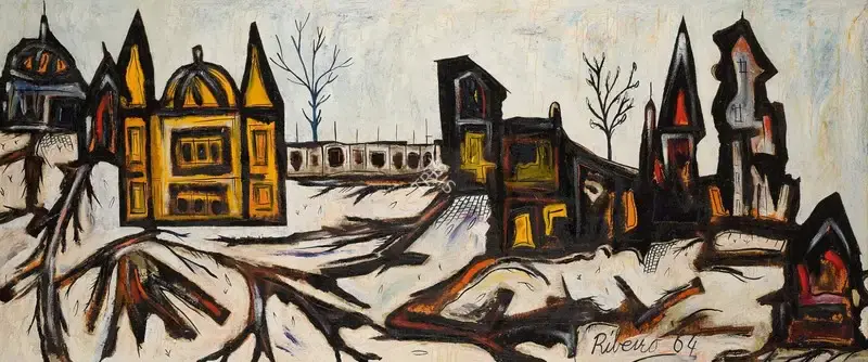 Ribeiro, Lance (Artist). Untitled (Goan Landscape with Church). Oil and polyvinyl acetate on canvas, 1964 | Painting | FineArts | 00355759