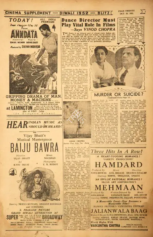 Dance Director Must Play Vital Role in Films. In Blitz - Asia's Foremost News Magazine. p. 20. Bombay: R.K. Karanjia, 18 October 1952 | Film Review | CinemaEducation | 00144194