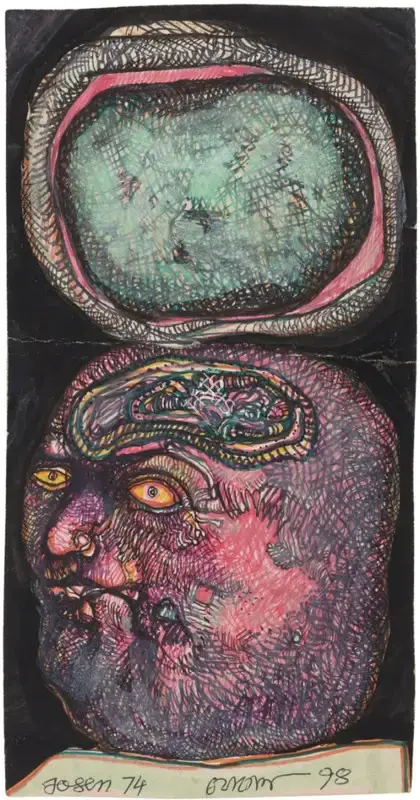 Chowdhury, Jogen (Artist). Pink Head. Mixed media on paper pasted on mount board, 1974 | Painting | FineArts | 00355319