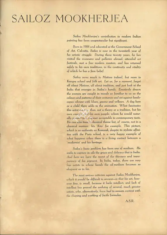 R., A.S. (Essayist). Seven Contemporary Artists - Sailoz Mookherjea. In Marg. 5(1), pp. 46-47. Bombay: Modern Artists and Architects Research Group, July 1951 | Essay | FineArts | 00668802, 1951