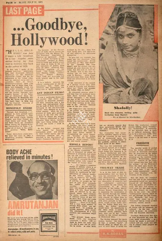 Abbas, Khwaja Ahmad (Columnist). …Goodbye Hollywood !. In Blitz - India's Greatest Weekly. p. 24. Bombay: R.K. Karanjia, 31 July 1971 | Essay | CinemaEducation | 00465602