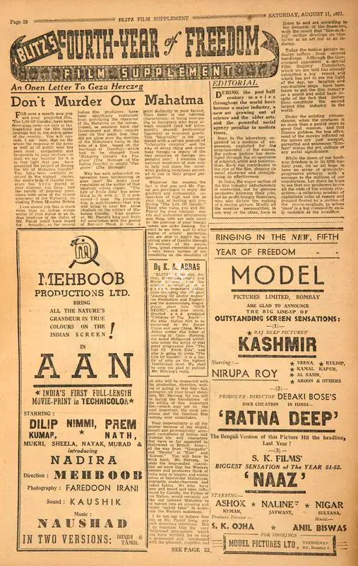 Abbas, Khwaja Ahmad (Columnist). By K.A. Abbas. In Blitz - Asia's Foremost News Magazine. p. 20. Bombay: Homi D. Mistry, 11 August 1951 | Essay | CinemaEducation | 00464519