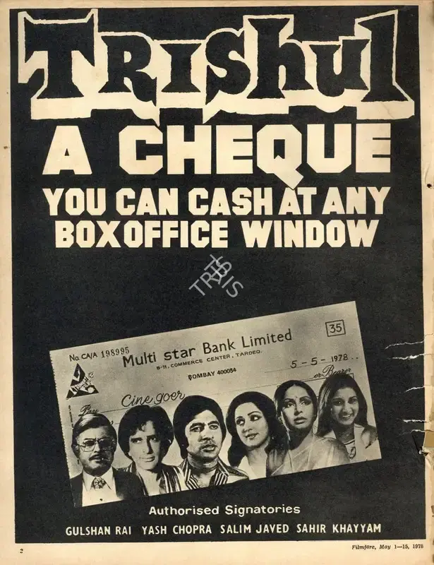 Rai, Gulshan (Producer), Trishul, 1978 | Advertisement, Filmfare, 01 May 1978 | CinemaEducation | 00791587