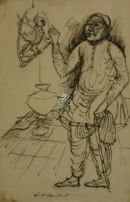 Sen, Paritosh (Artist). Man with a Parrot, n.d. | Drawing