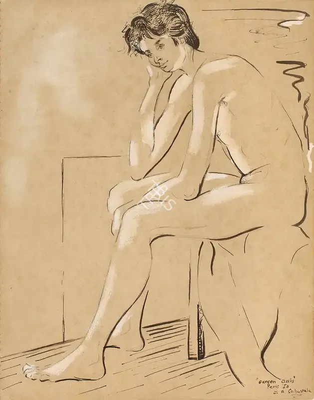 Sabavala, Jehangir (Artist). Garcon Assis. Watercolour, pastel, pen and ink and brush and ink on paper, 1950 | Painting | FineArts | 00642097