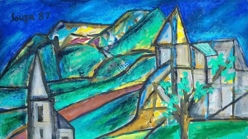 Souza, F.N. (Artist). Untitled (Landscape with steeple), 1987 | Painting
