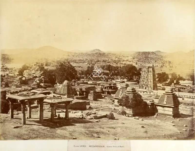 Pigou, William Henry (Photographer). Beejanuggur. General View of Ruins - From the album "Architecture in Dharwar and Mysore Published by John Murray. London 1866. Photographs by Dr. William Henry Pigou, Dr. Andrew c.Neill and Col. Thomas Biggs with an historical and descriptive memoir by Colonel Meadows Taylor and  architectural notes by James Fergusson". Albumen print pasted on mount, c.1857 | Antiquarian Photograph | Photography | 00115053