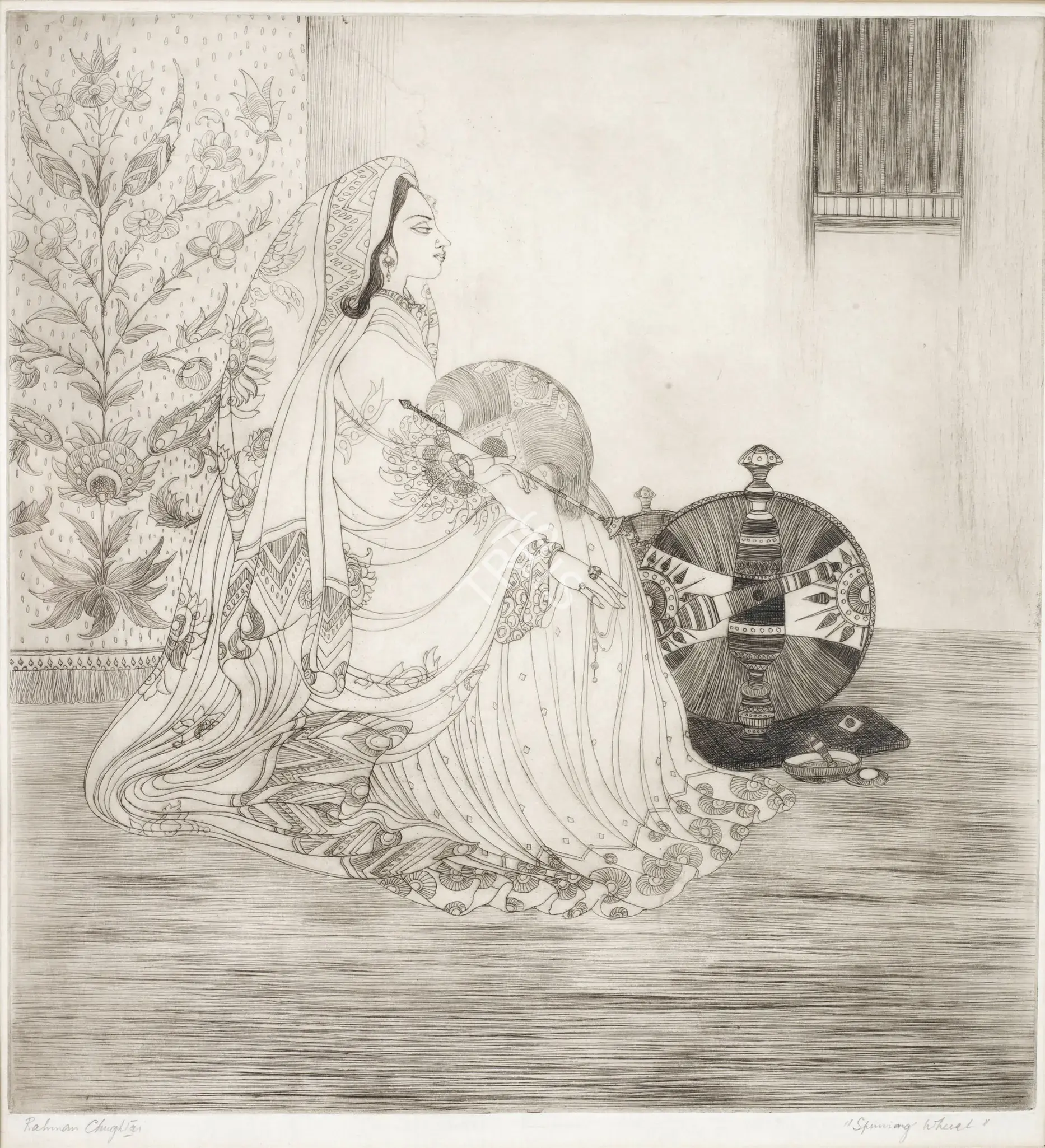 Chughtai, M.A.R. (Artist). Spinning Wheel. Dry-point etching on paper, n.d. | Graphic Art | FineArts | 00900043