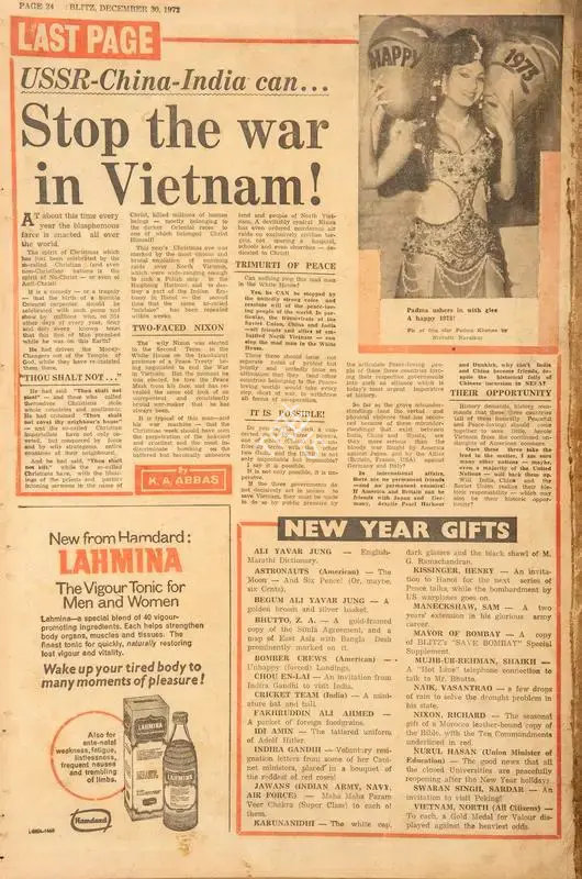 Abbas, Khwaja Ahmad (Columnist). USSR-China-India can…Stop the War in Vietnam !. In Blitz - India's Greatest Weekly. p. 24. Bombay: R.K. Karanjia, 30 December 1972 | Essay | CinemaEducation | 00465287