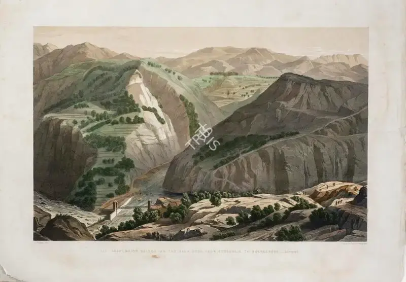 Picken, T. (Lithographer). Suspension Bridge on the High Road from Kussowlie to Hurreepore - Sunrise, circa 1852 | Lithograph