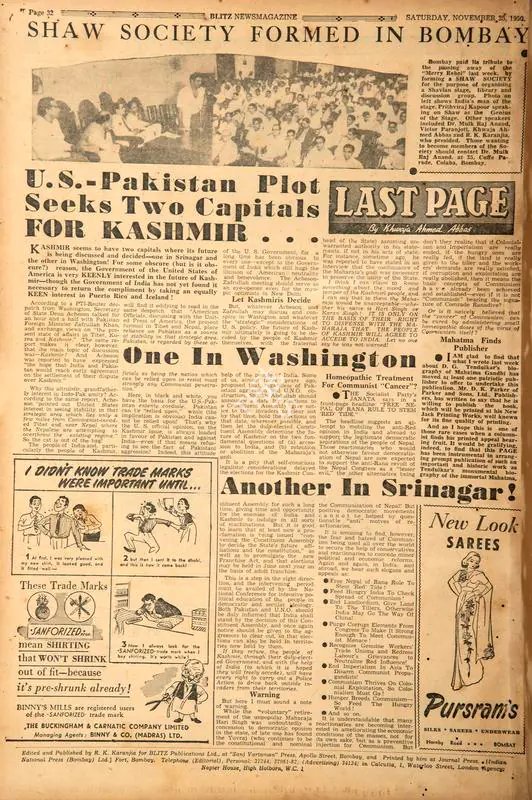 Abbas, Khwaja Ahmad (Columnist). Shaw Society Formed in Bombay. In Blitz. 25 November 1950 | Essay
