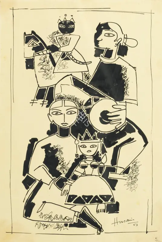 Husain, M.F. (Artist). Untitled. Pen, black ink, and wash on paper laid on card, 1953 | Drawing | FineArts | 00333124