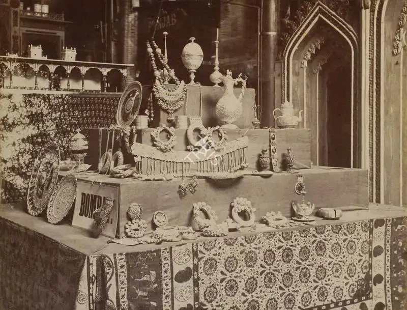 Narayan, Shew Shankar (Photographer). Aden and Bombay Jewellery and Cutch Silverware - Bombay Court - From the album 'Calcutta International 1883-84 Exhibition Views'. Albumen print pasted on mount, 1883-1884 | Antiquarian Photograph | Photography | 00115292