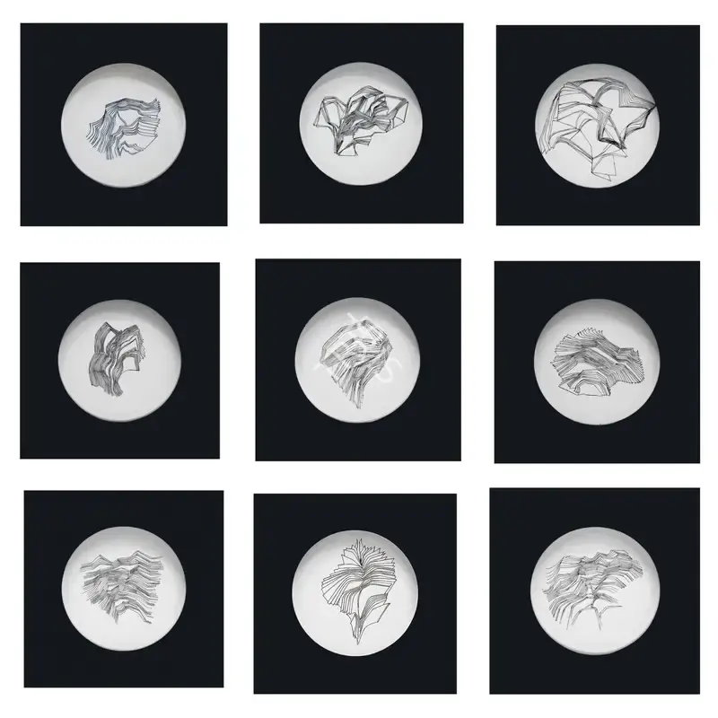 Patel, Dashrath (Artist). A Set of Nine Ceramic Plates. Ink glaze on ceramic, n.d. | Sculpture | EconomicsArt | 00873053