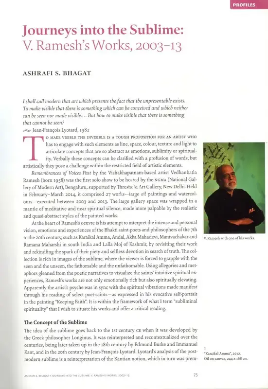 Bhagat, Ashrafi S. (Essayist). Journeys into the Sublime - V. Ramesh's Works, 2003-13. In Marg. 66(3), pp. 74-83. Mumbai: Radhika Sabavala, March 2015 | Essay | FineArts | 00669086