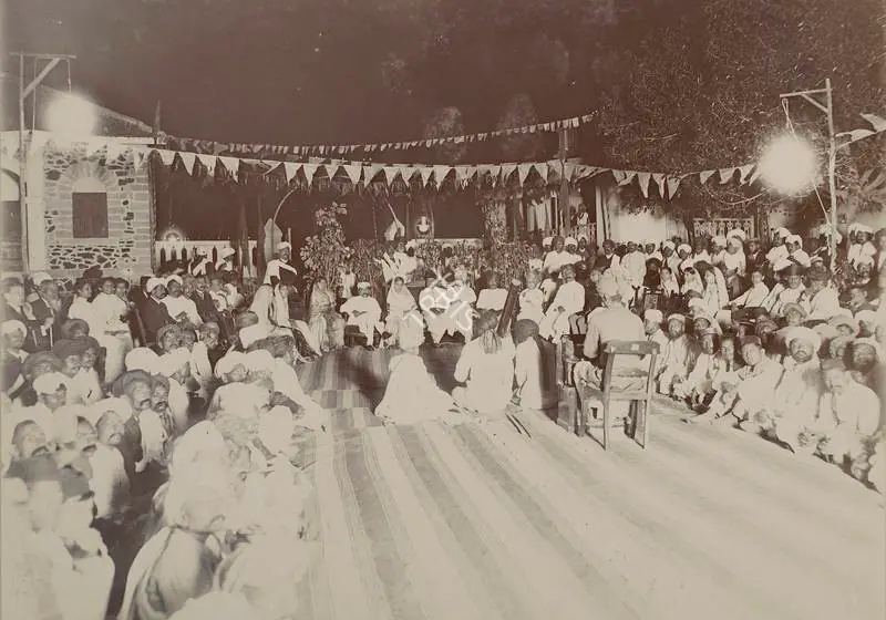 Studio Bourne & Shepherd (Photographic Studio). Garden Party by Sheth Karsandas Jagjivan of Gondal to His Highness - From the album 'Shri Bhagvatsinhji Silver Jubilee Memorial Album. Gondal A.D. 1909 by Bourne & Shepherd'. Silver gelatin print pasted on mount, 1909 | Antiquarian Photograph | Photography | 00115358