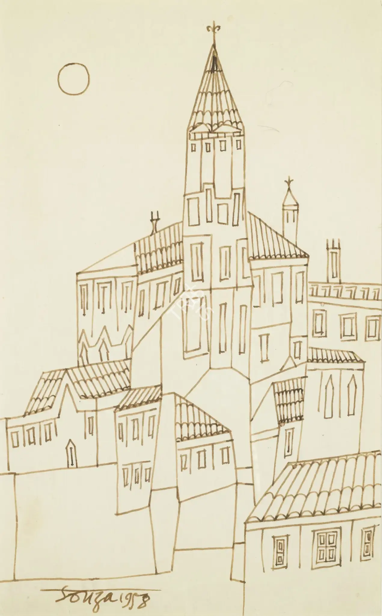 Souza, F.N. (Artist). Untitled (Church Landscape), 1958 | Drawing