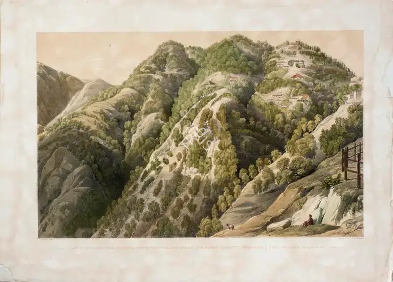 Picken, T. (Lithographer). Simla, the North face of Jukko, the Bank in 1850, the Craigs (Sir Henry Elliott's Residence), Capt. Mavow's House etc,- Sunrise, circa 1852 | Lithograph