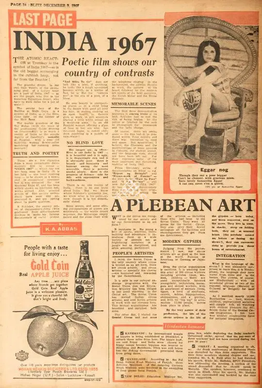 Abbas, Khwaja Ahmad (Columnist). India 1967 A Plebean Art. In Blitz - Hindi Sanskaran. p. 24. Bombay: R.K. Karanjia, 09 December 1967 | Essay | CinemaEducation | 00465025