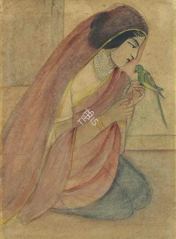 Devi, Sunayani (Artist). Untitled (Lady with Parrot). Watercolour and pencil on paper, c.1920s | Painting | FineArts | 00595261