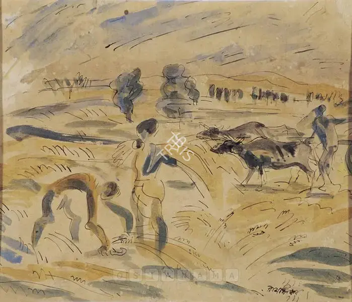 Baij, Ramkinkar (Artist). Farmers Harvesting, c.1943 | Painting