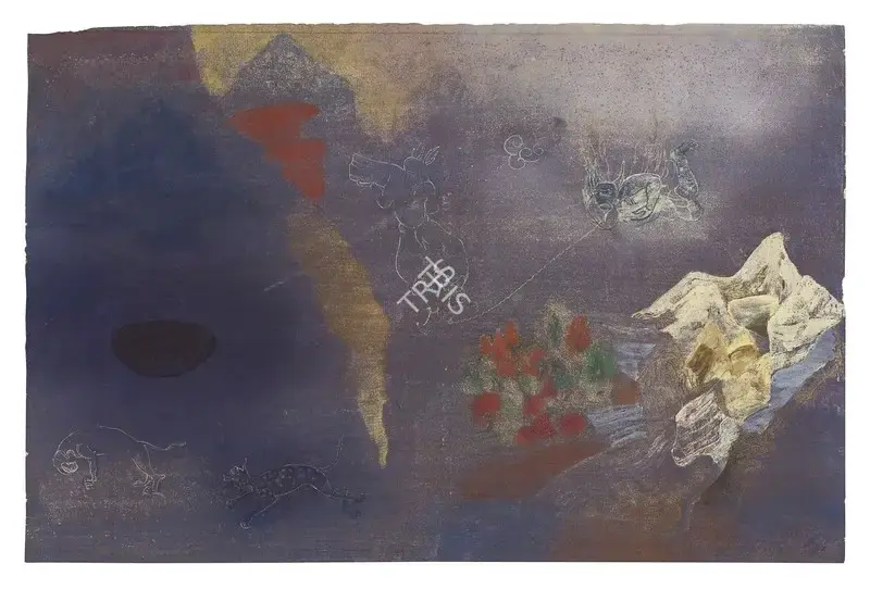 Sheikh, Nilima (Artist). Untitled (Mountains and Mythological Figures). Mixed media on handmade paper laid on paper, 2002 | Painting | FineArts | 00545965