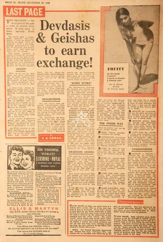 Abbas, Khwaja Ahmad (Columnist). Devdasis & Geishas to Earn Exchange !. In Blitz - Hindi Sanskaran. p. 24. Bombay: R.K. Karanjia, 20 December 1969 | Essay | CinemaEducation | 00465565