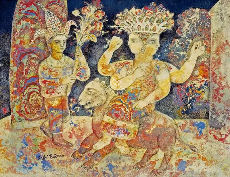 Burman, Sakti (Artist). The Jester Man and Girl on a Ram, 1998 | Painting