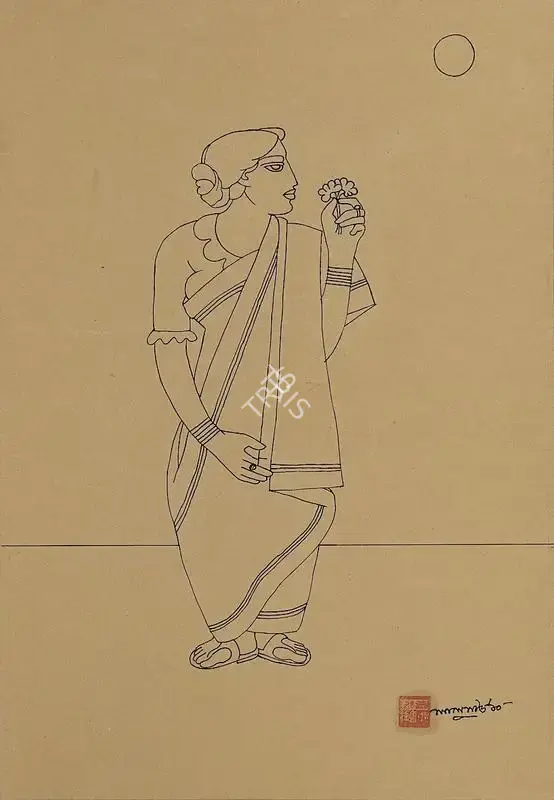 Shaw, Lalu Prasad (Artist). Woman with Flower. Pen & ink on cardboard paper, 2010 | Drawing | FineArts | 00417865