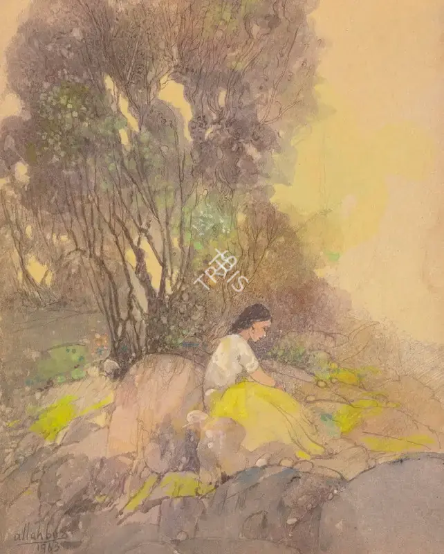 Bukhsh, Ustad Allah (Artist). Untitled (Lady In The Forest). Watercolour on paper, 1963 | Drawing | FineArts | 00646211